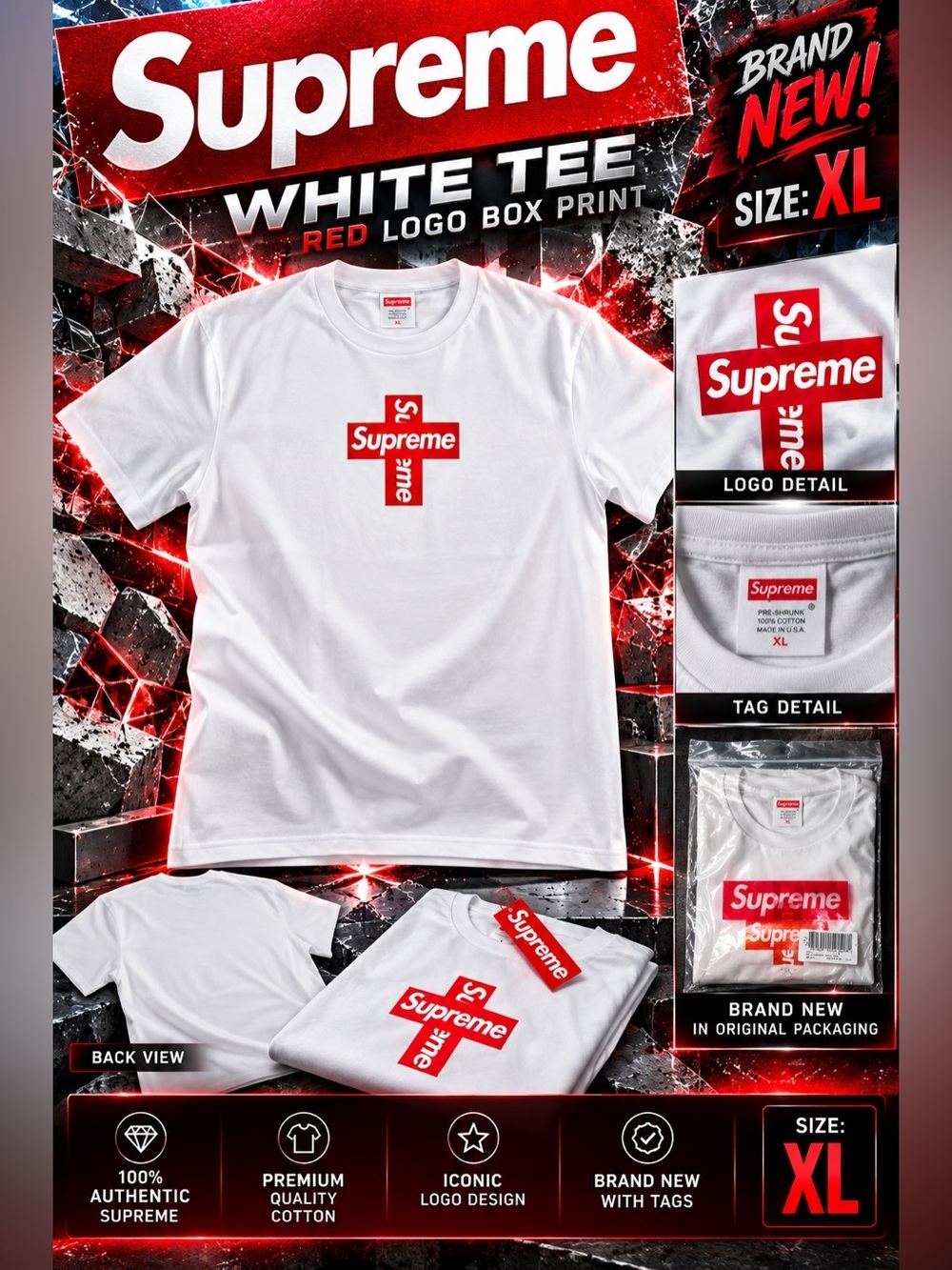Supreme White Tee with Red Logo Box Print🔥New! Size: XL